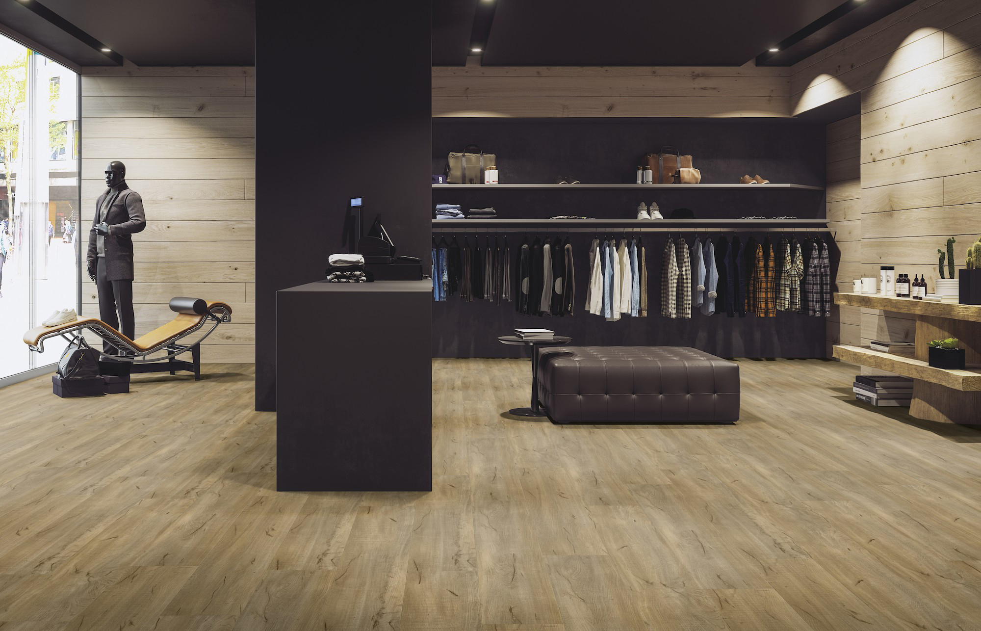 LVT gulve med trælook i fashionabel herretøjsforretning